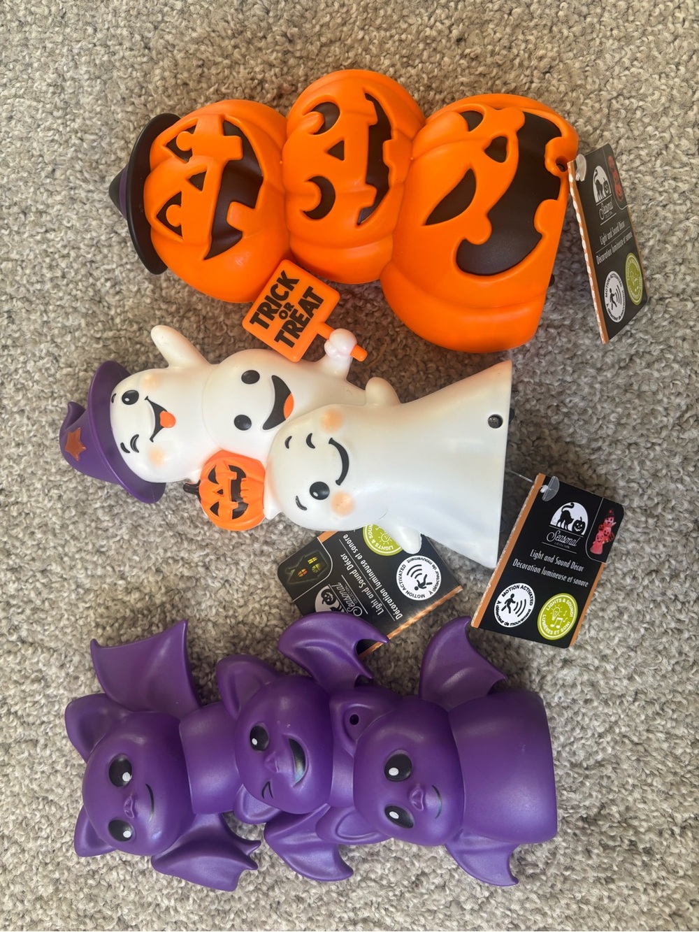 Halloween Light-Up Ghost, Pumpkin & Bat Trio - White, Orange & Purple